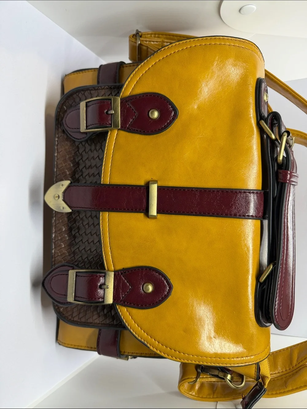Yellow and Burgundy Leather Satchel with Woven Brown Accent